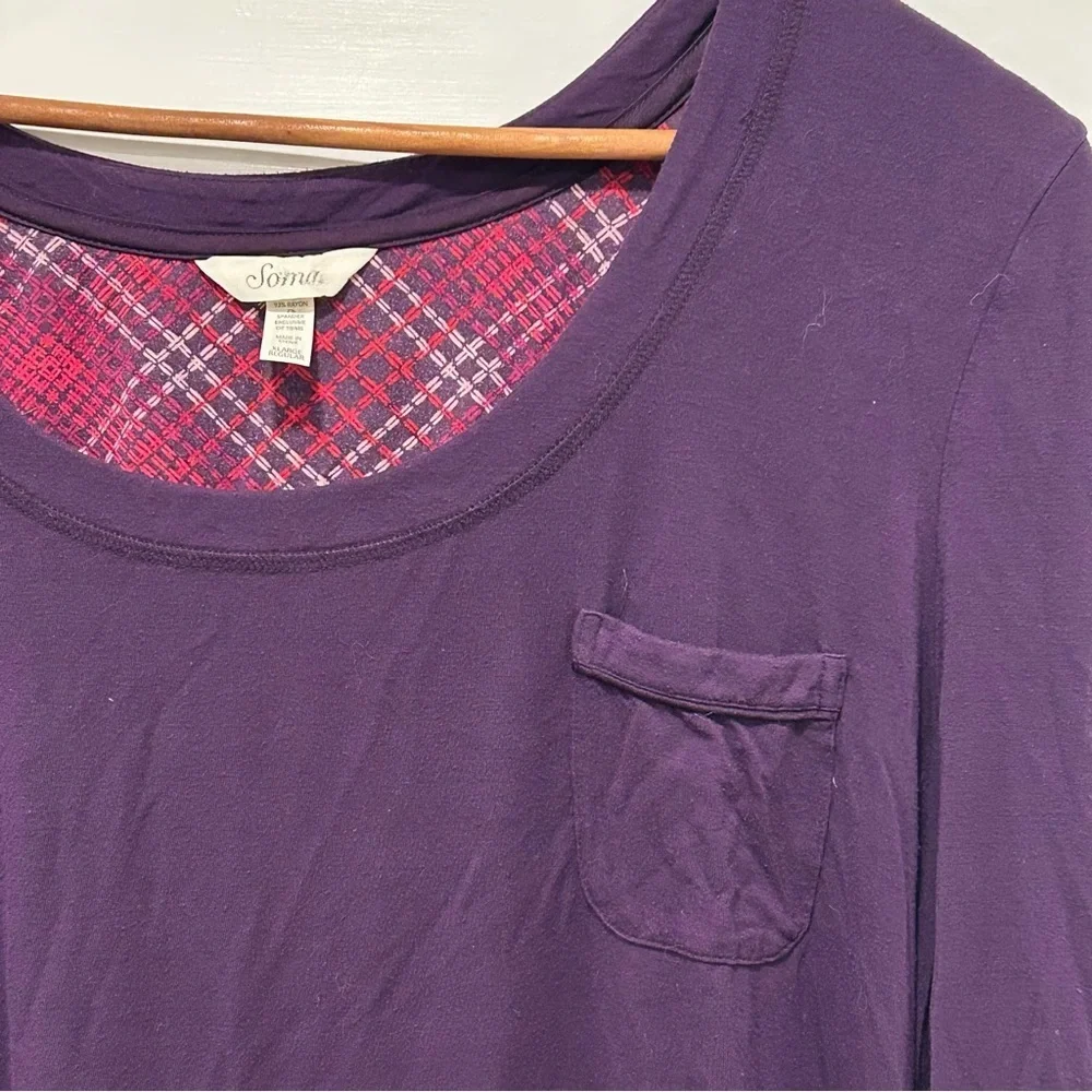 SOMA Women Pajama Set, Long sleeve Scoop Top, Plaid Pants, Purple, Comfort, XL